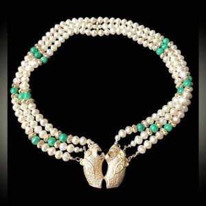 Genuine Pearl & Jade Panther Necklace (t43)
